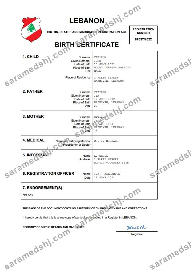 Lebanon vital record birth certificate Word and PDF template